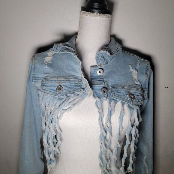 Redfox Womens Blue Fringe Distressed Collared Cropped Denim Jacket Size Small - Picture 4 of 6